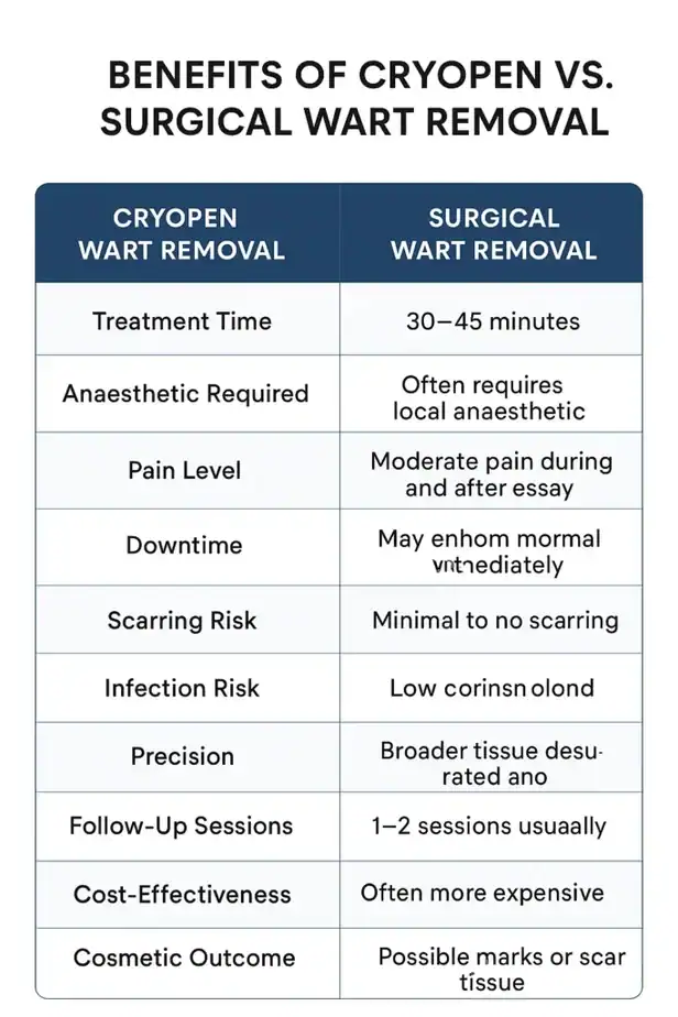 Table showing the benefits of cryopen to remove warts Fleet compared to surgical treatment